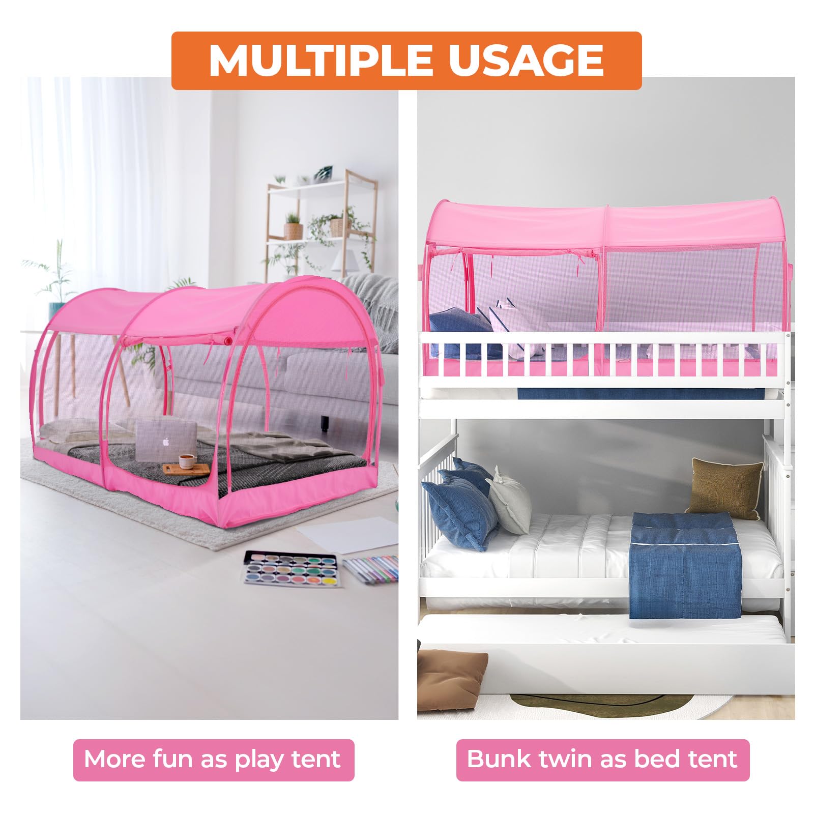 PrivatePod® Mosquito Net Bed Canopy Tents Dream Privacy Space Twin Size Sleeping Tents Indoor Pop Up Portable Frame Breathable Cottage Pink