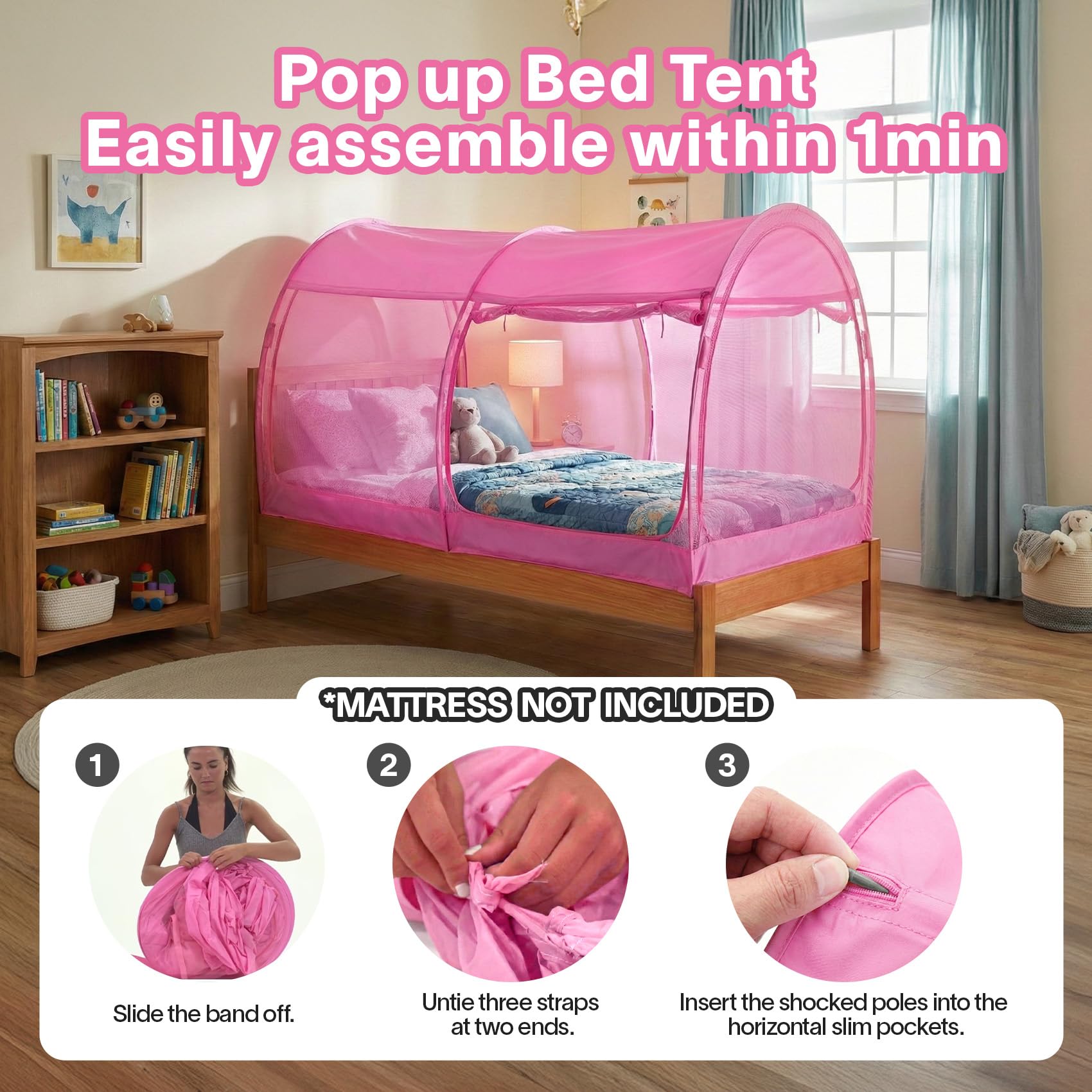 PrivatePod® Mosquito Net Bed Canopy Tents Dream Privacy Space Twin Size Sleeping Tents Indoor Pop Up Portable Frame Breathable Cottage Pink